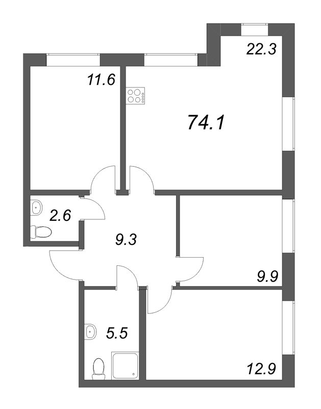 4-комнатная (Евро) квартира, 74.1 м² - планировка, фото №1