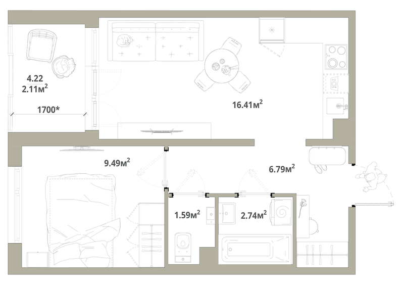 2-комнатная (Евро) квартира, 39.13 м² в ЖК "Тишин" - планировка, фото №1