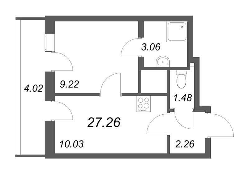 1-комнатная квартира, 27.26 м² - планировка, фото №1
