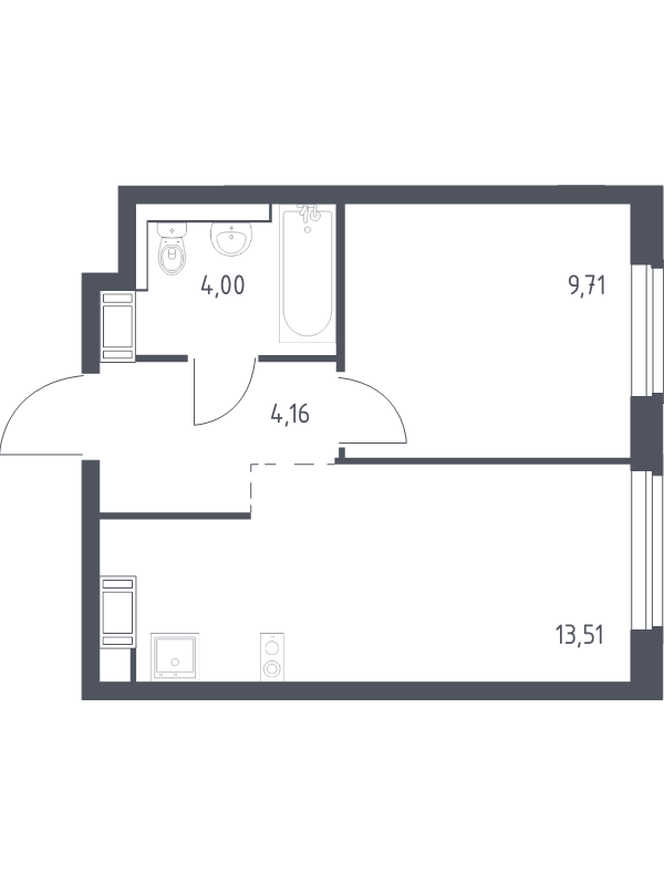 1-комнатная квартира, 31.38 м² - планировка, фото №1