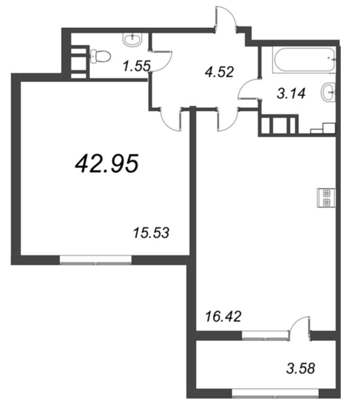 2-комнатная (Евро) квартира, 42.95 м² в ЖК "БелАрт" - планировка, фото №1