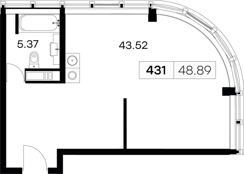 Квартира-студия, 48.89 м² - планировка, фото №1
