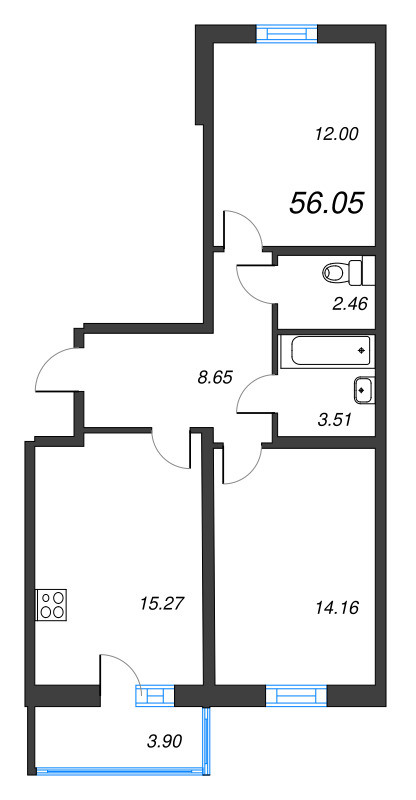 3-комнатная (Евро) квартира, 56.05 м² - планировка, фото №1