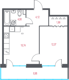 2-комнатная (Евро) квартира, 40.99 м² в ЖК "Город-спутник Южный" - планировка, фото №1