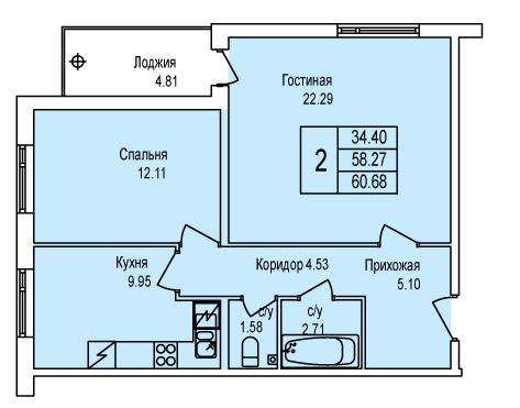 2-комнатная квартира, 63.08 м² - планировка, фото №1