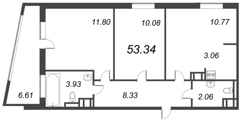 2-комнатная квартира, 53.34 м² - планировка, фото №1