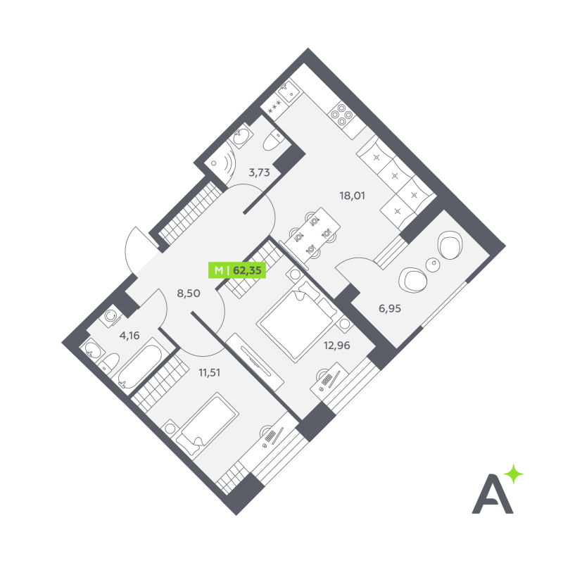 3-комнатная (Евро) квартира, 62.35 м² в ЖК "Аквилон РекаПарк" - планировка, фото №1
