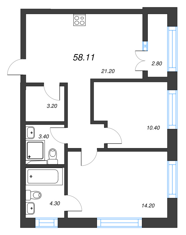 2-комнатная квартира, 58.11 м² в ЖК "NewПитер 2.0" - планировка, фото №1