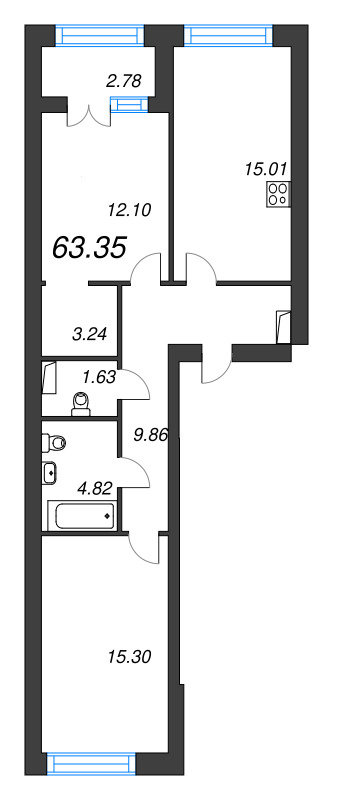 2-комнатная квартира, 63.35 м² в ЖК "Наука" - планировка, фото №1