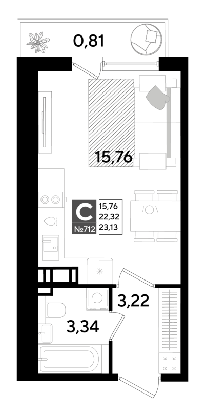 Квартира-студия, 23.13 м² в ЖК "Догма Юкки" - планировка, фото №1