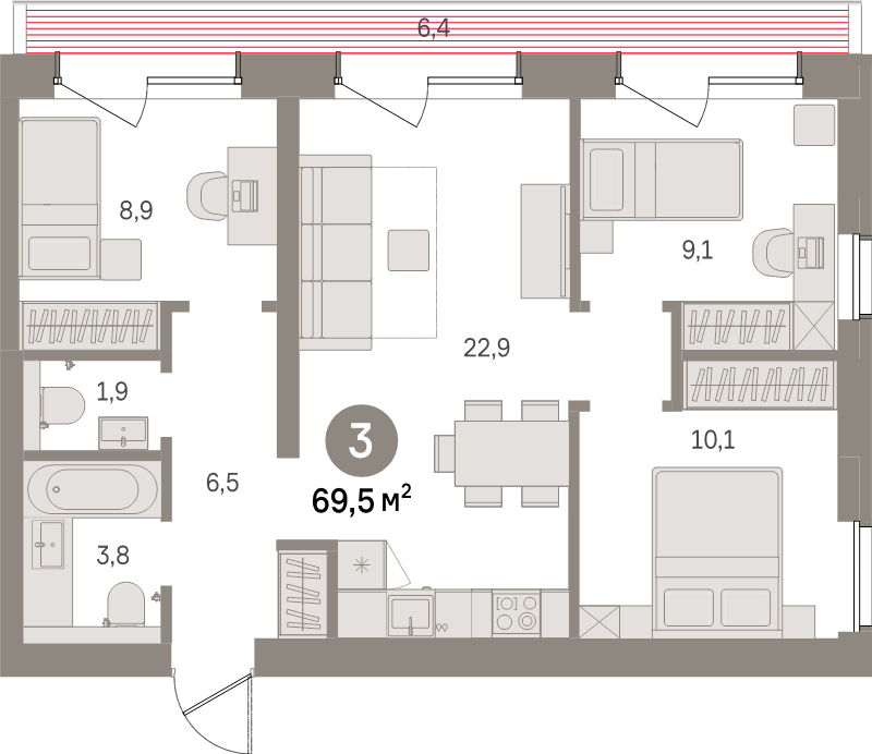 4-комнатная (Евро) квартира, 69.5 м² в ЖК "Северный ветер" - планировка, фото №1