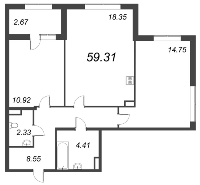 3-комнатная (Евро) квартира, 59.31 м² - планировка, фото №1