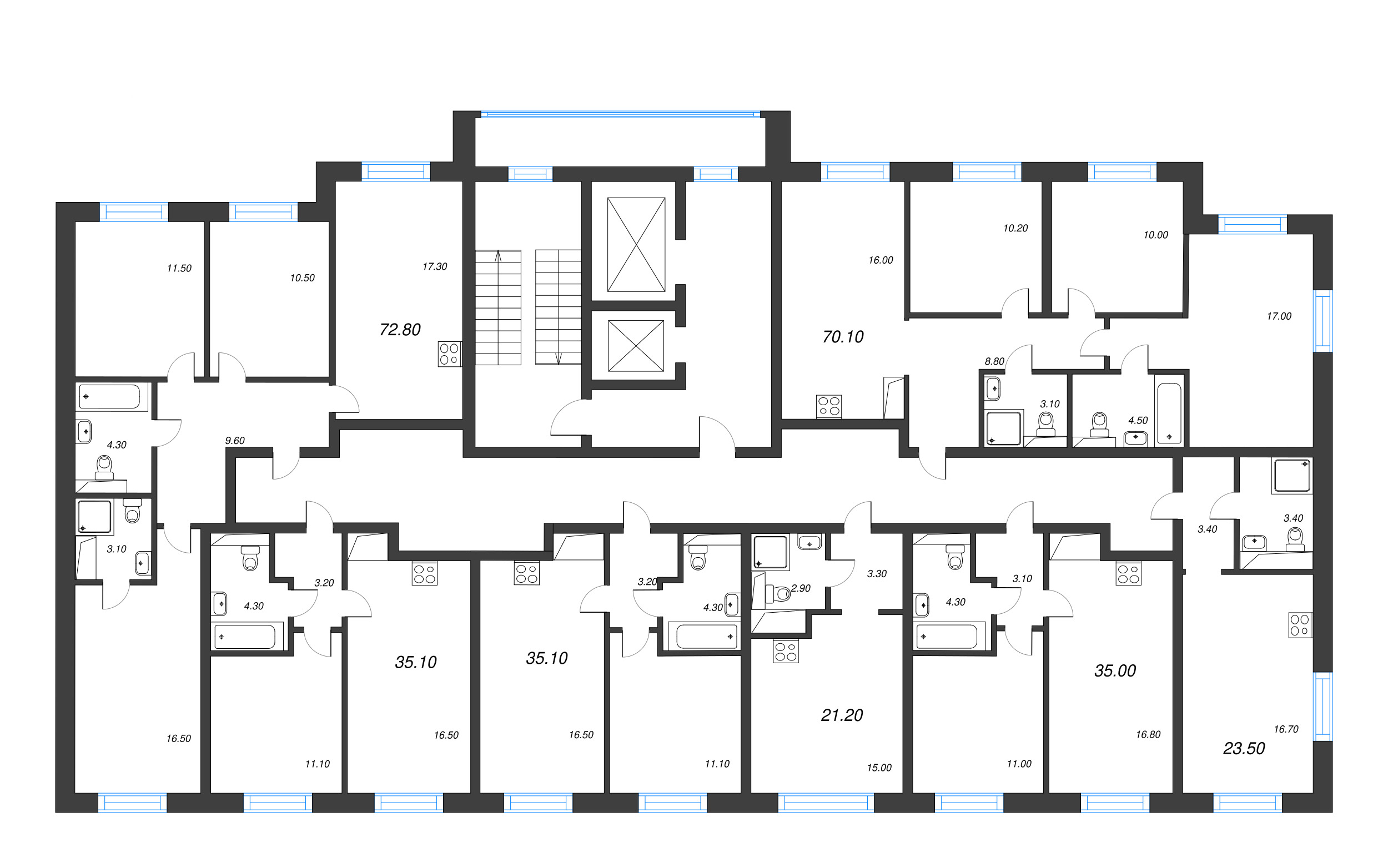 4-комнатная (Евро) квартира, 70.1 м² - планировка этажа
