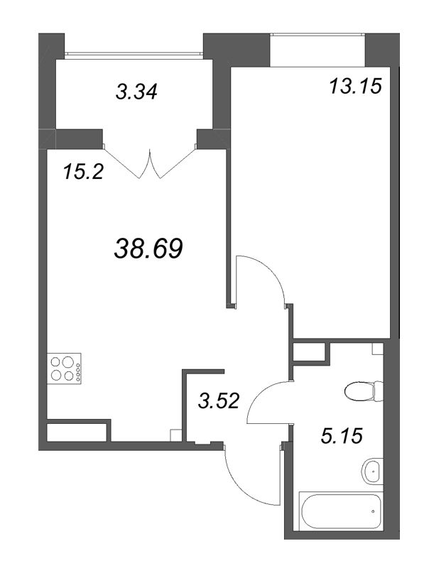 2-комнатная (Евро) квартира, 38.69 м² в ЖК "Ranta Residence" - планировка, фото №1