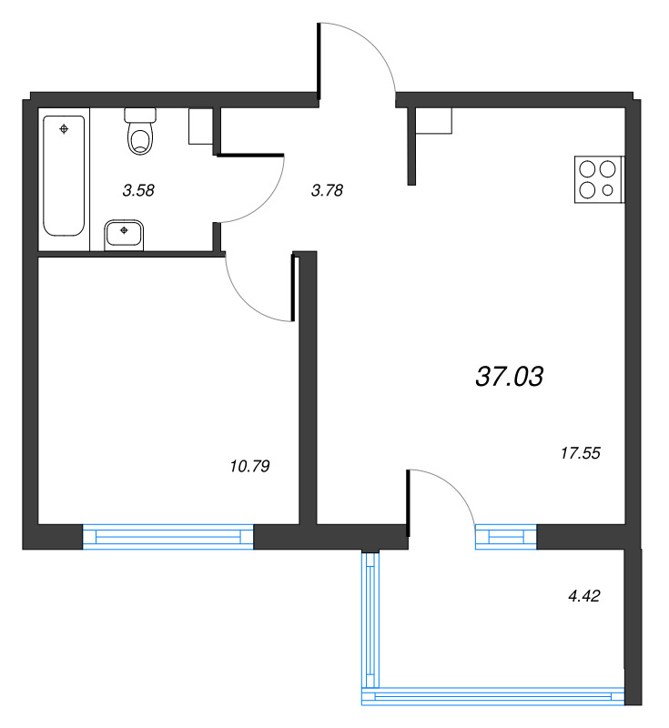 2-комнатная (Евро) квартира, 37.03 м² - планировка, фото №1