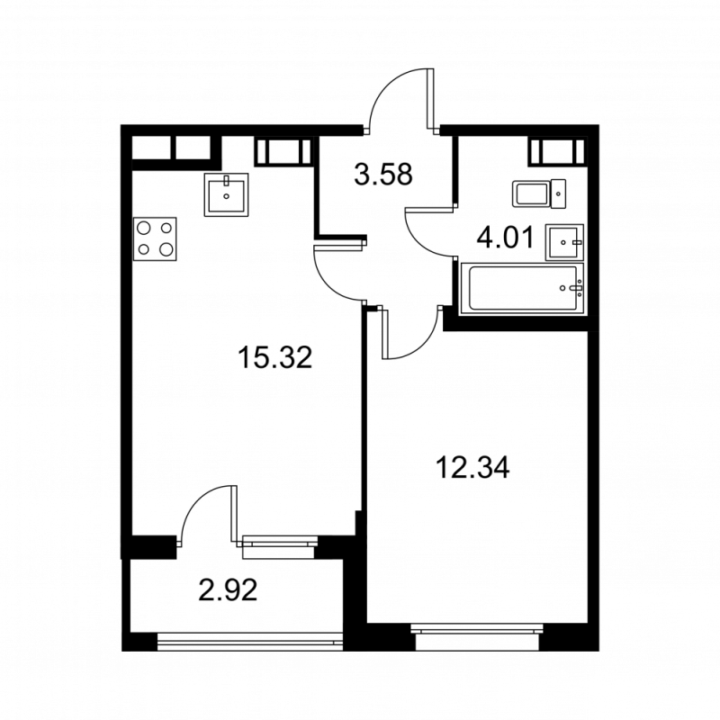 2-комнатная (Евро) квартира, 36.71 м² - планировка, фото №1