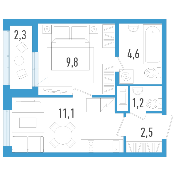 1-комнатная квартира, 30.4 м² в ЖК "AEROCITY" - планировка, фото №1