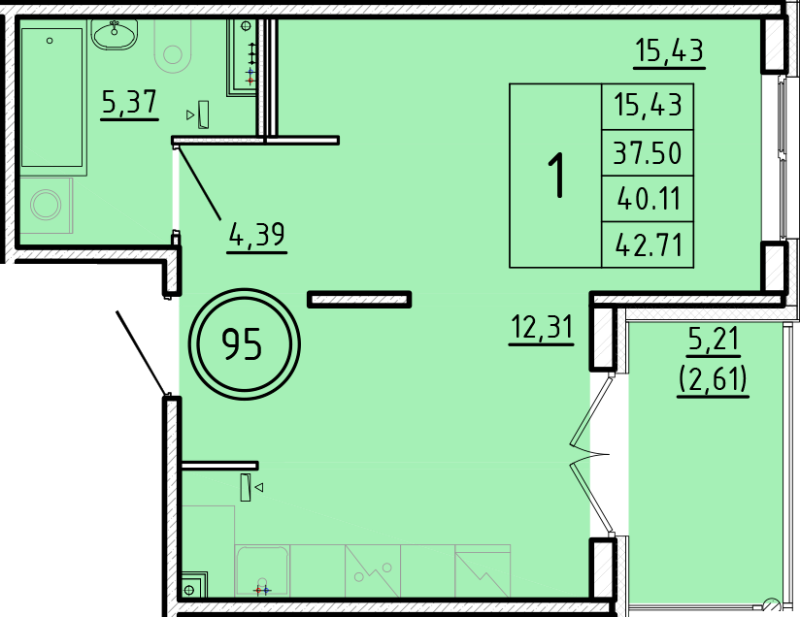 1-комнатная квартира, 37.5 м² - планировка, фото №1