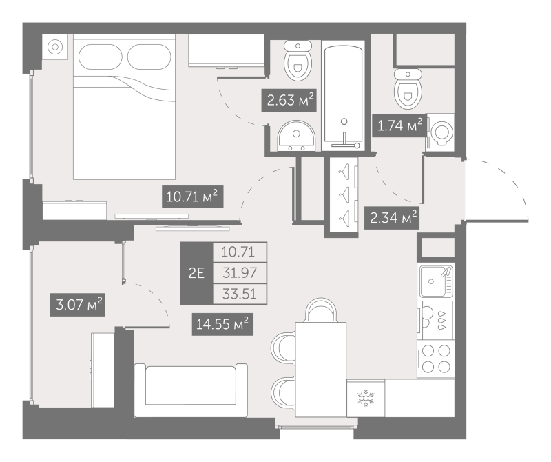 1-комнатная квартира, 33.51 м² - планировка, фото №1