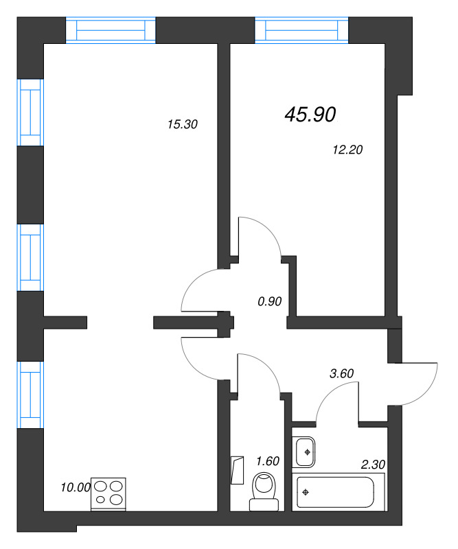 2-комнатная квартира, 45.9 м² - планировка, фото №1