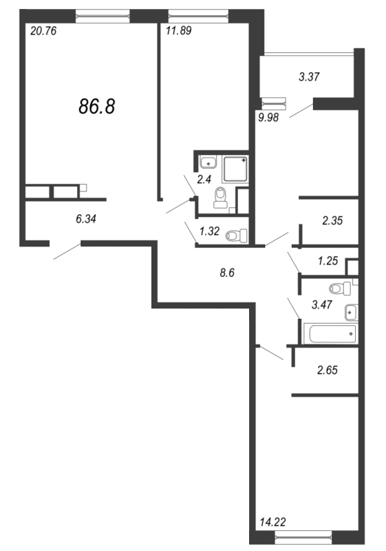 4-комнатная (Евро) квартира, 88.6 м² - планировка, фото №1