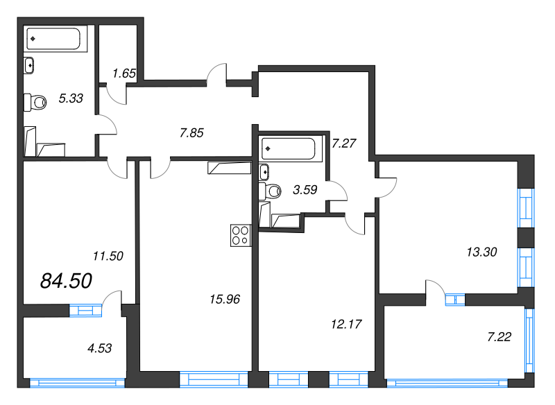 3-комнатная квартира, 84.5 м² в ЖК "Cube" - планировка, фото №1
