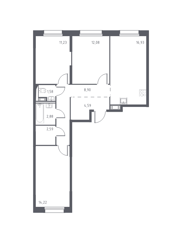 4-комнатная (Евро) квартира, 75 м² в ЖК "Новые Лаврики" - планировка, фото №1