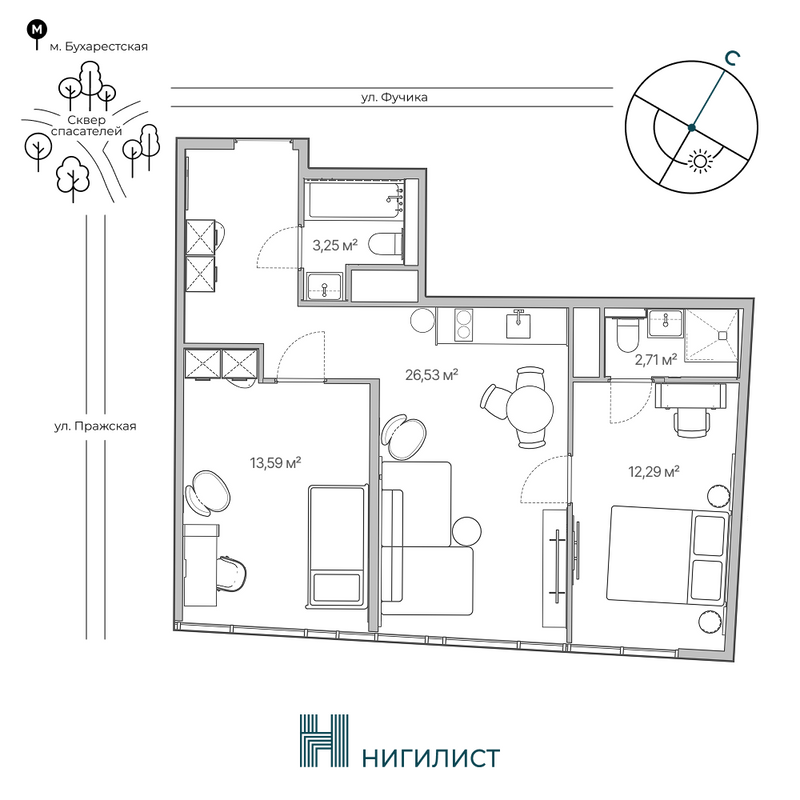 3-комнатная (Евро) квартира, 44.3 м² в ЖК "Nigilist" - планировка, фото №1