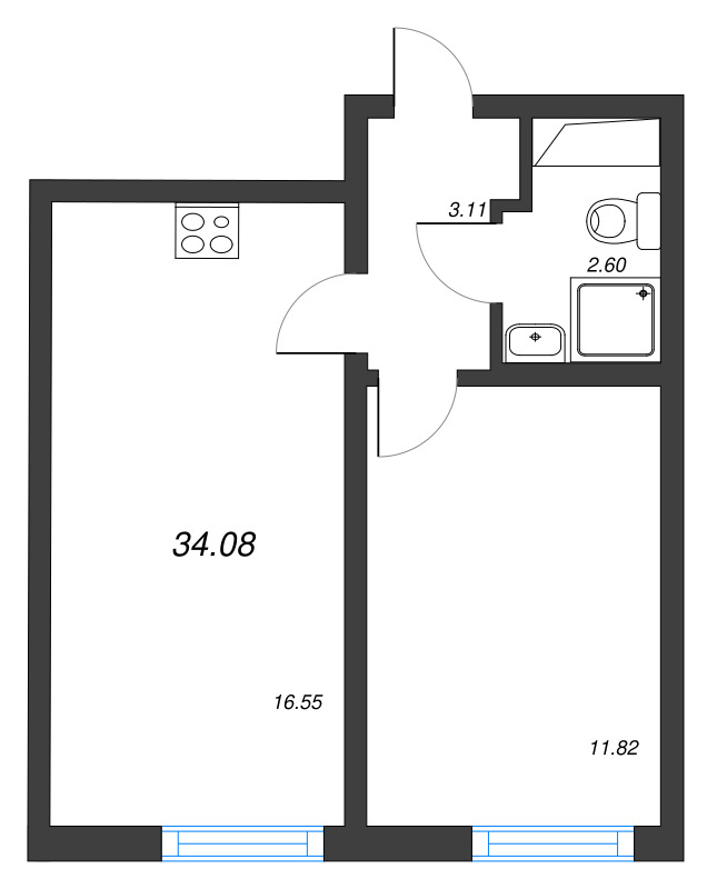 2-комнатная (Евро) квартира, 34.08 м² в ЖК "Морская миля" - планировка, фото №1