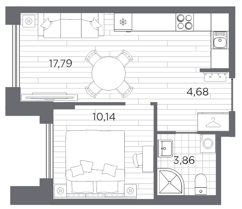 2-комнатная (Евро) квартира, 36.47 м² в ЖК "Галерная гавань" - планировка, фото №1