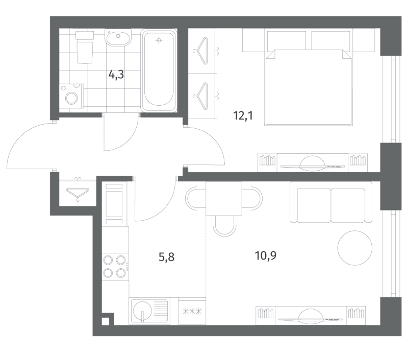 2-комнатная (Евро) квартира, 36.7 м² в ЖК "Парусная 1" - планировка, фото №1