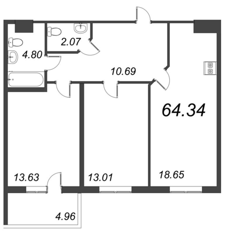 3-комнатная (Евро) квартира, 64.34 м² в ЖК "Bereg. Курортный" - планировка, фото №1