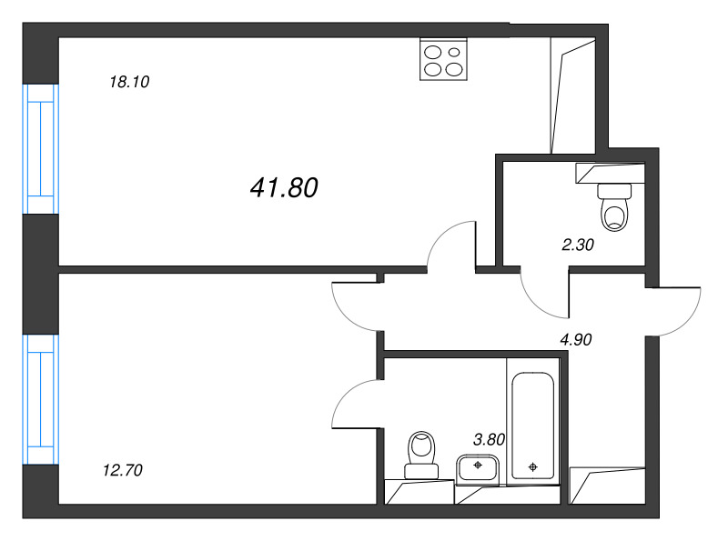 2-комнатная (Евро) квартира, 41.8 м² в ЖК "Большая Охта" - планировка, фото №1