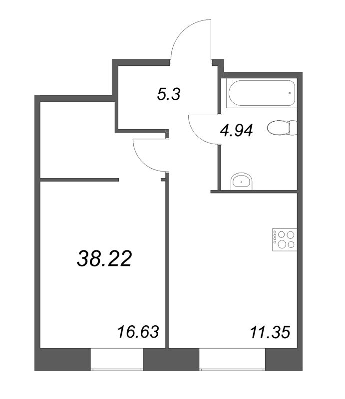 1-комнатная квартира, 38.22 м² - планировка, фото №1