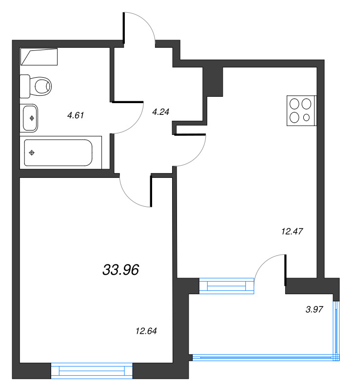 1-комнатная квартира, 33.96 м² в ЖК "ЮгТаун" - планировка, фото №1