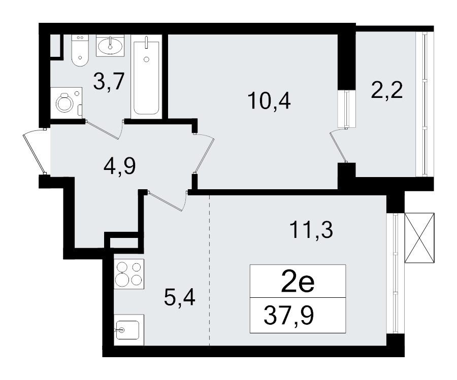 2-комнатная (Евро) квартира, 37.9 м² - планировка, фото №1