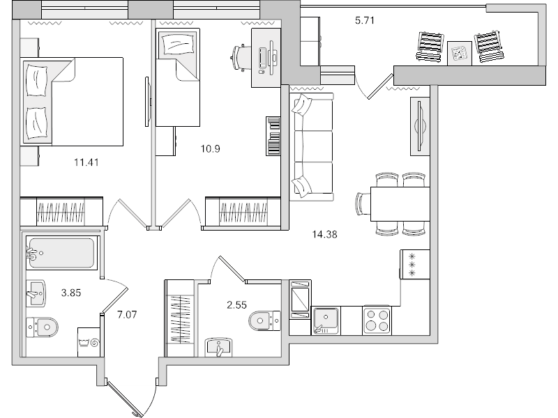 3-комнатная (Евро) квартира, 55.87 м² - планировка, фото №1