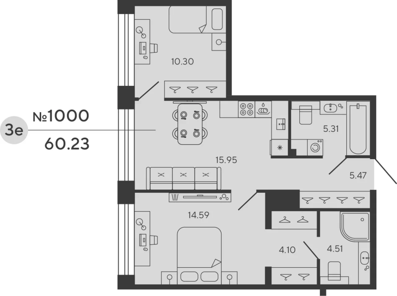 3-комнатная (Евро) квартира, 60.23 м² в ЖК "Bashni Element" - планировка, фото №1