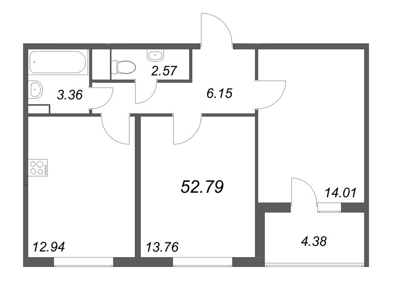 2-комнатная квартира, 52.79 м² - планировка, фото №1
