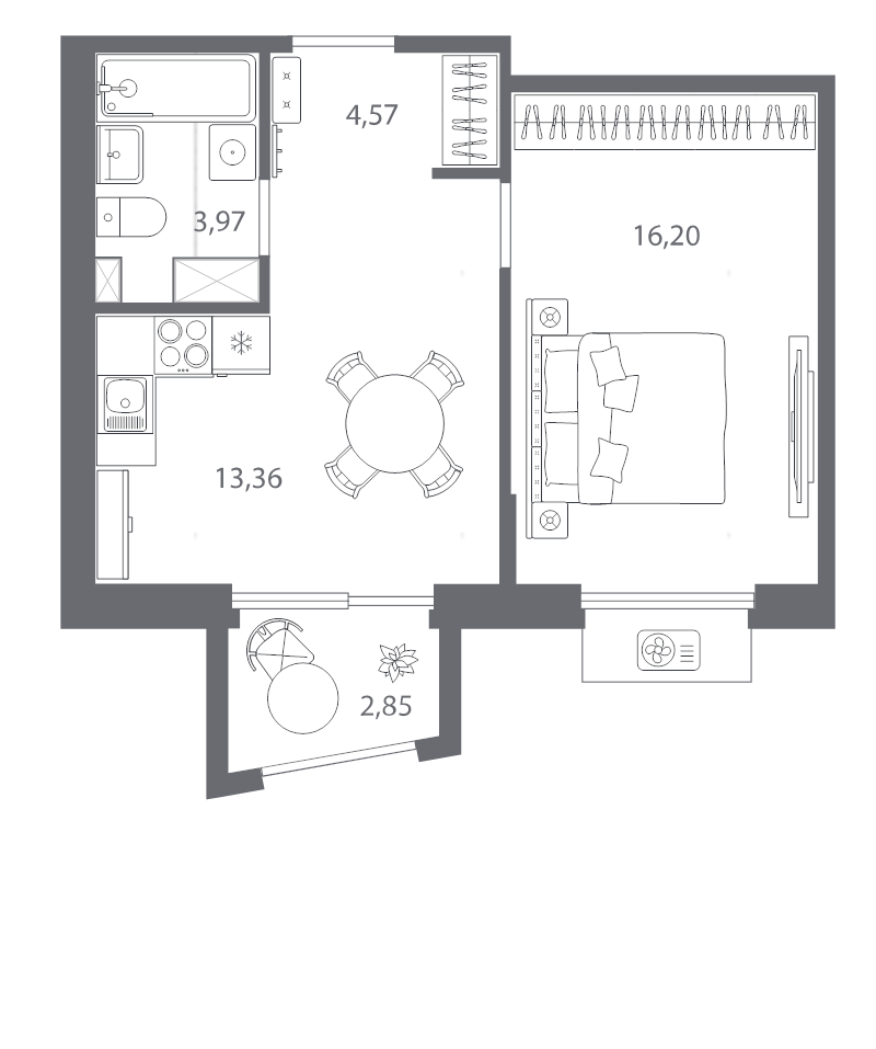 1-комнатная квартира, 38.96 м² - планировка, фото №1