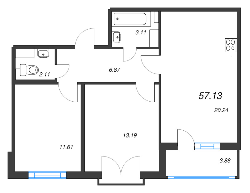 3-комнатная (Евро) квартира, 57.13 м² - планировка, фото №1