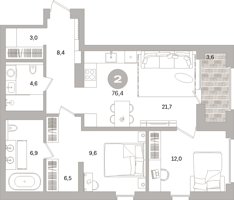3-комнатная (Евро) квартира, 76.4 м² в ЖК "Северный ветер" - планировка, фото №1