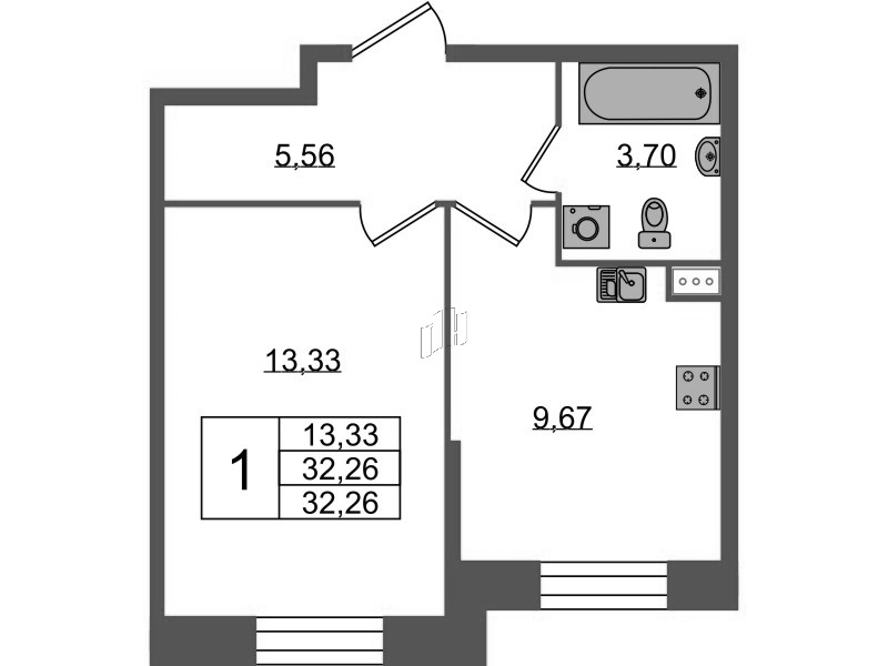 1-комнатная квартира, 32.26 м² - планировка, фото №1