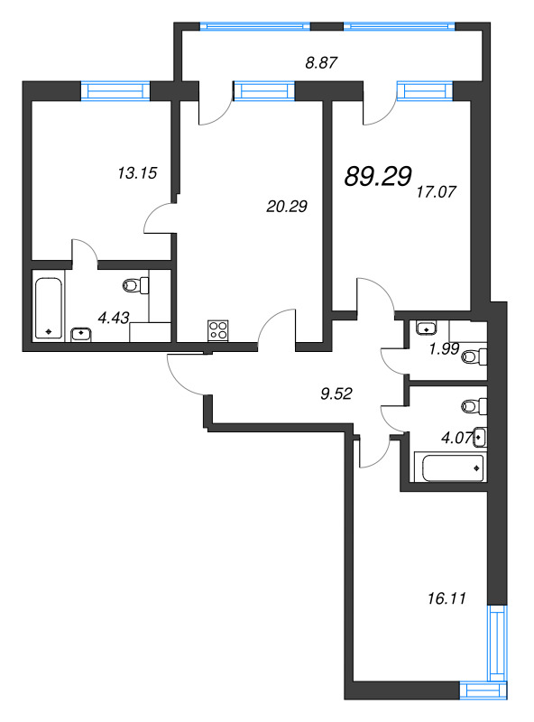 4-комнатная (Евро) квартира, 89.29 м² - планировка, фото №1