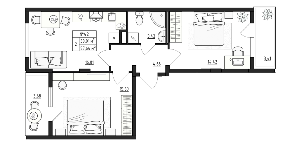 3-комнатная (Евро) квартира, 57.64 м² - планировка, фото №1