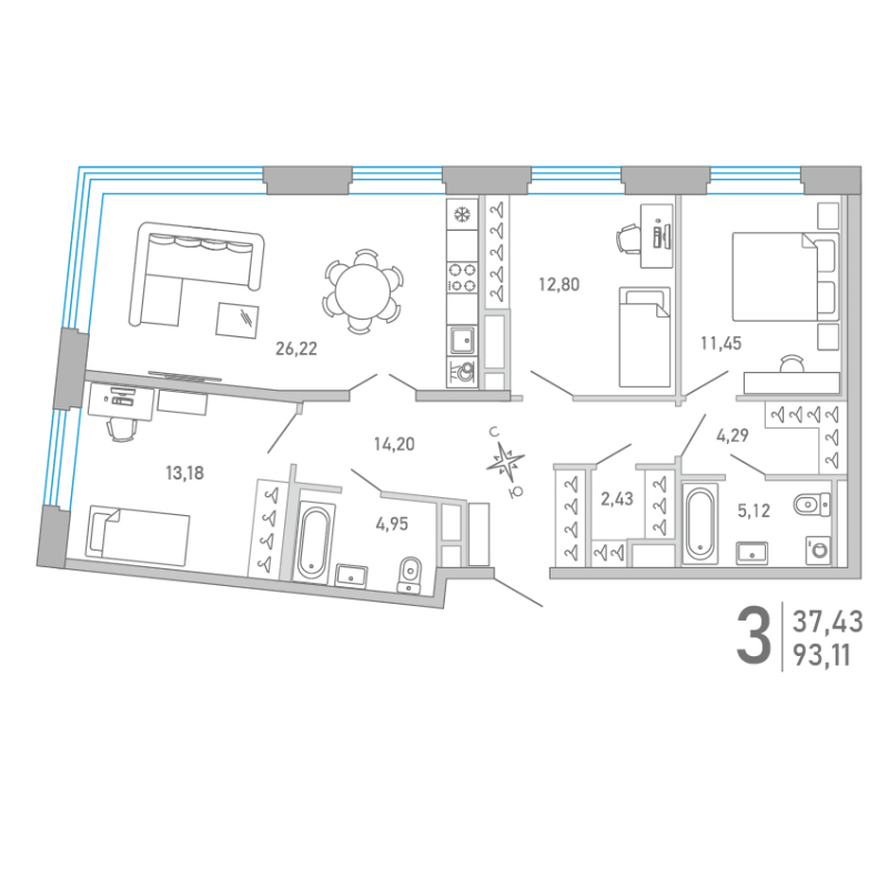 4-комнатная (Евро) квартира, 93.11 м² в ЖК "Министр" - планировка, фото №1