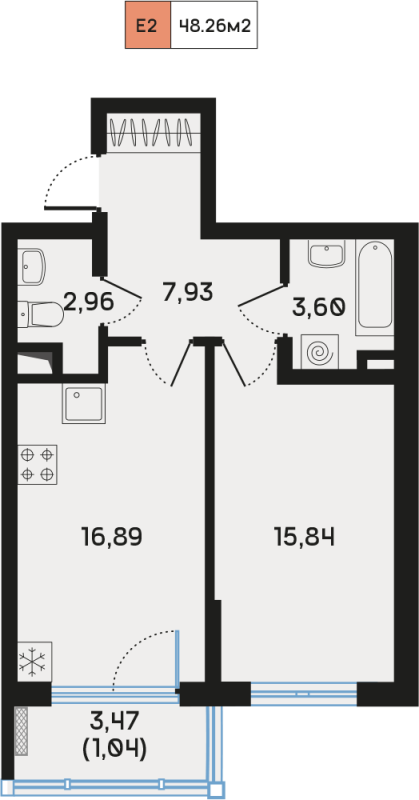 2-комнатная (Евро) квартира, 48.22 м² в ЖК "Дом Регенбоген" - планировка, фото №1