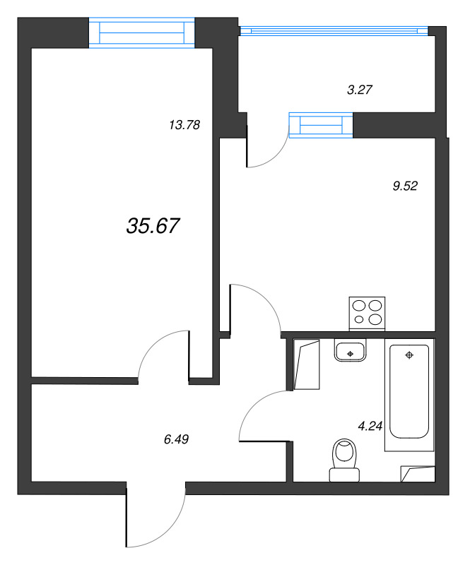 1-комнатная квартира, 35.67 м² - планировка, фото №1