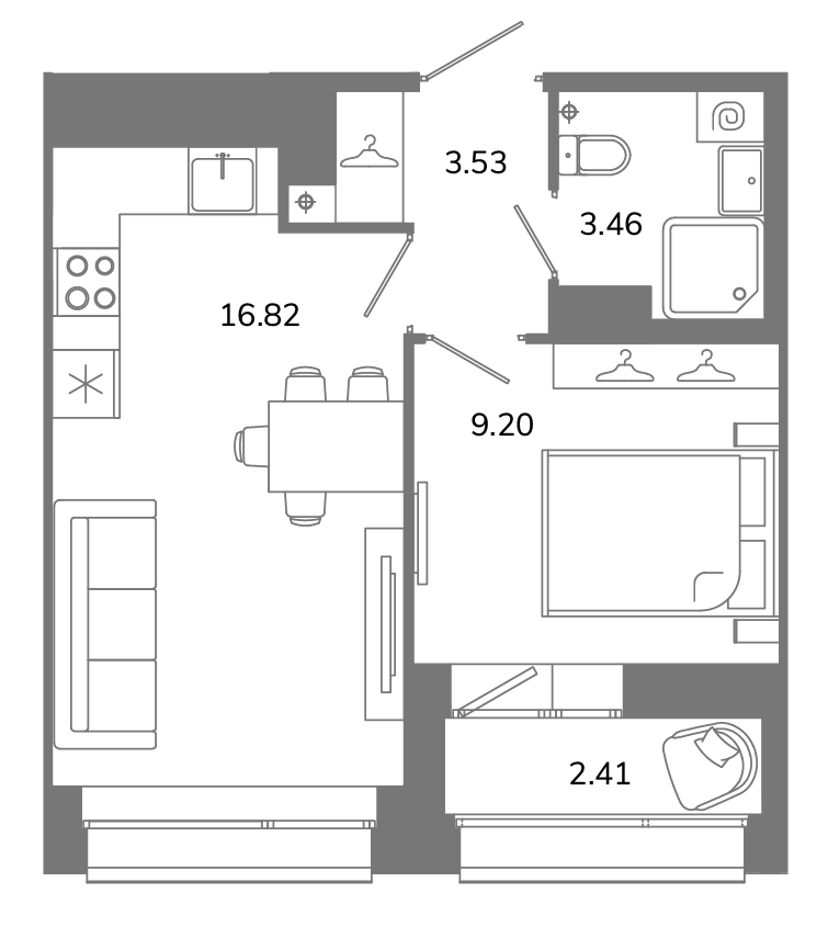 2-комнатная (Евро) квартира, 34.21 м² в ЖК "Твой космос" - планировка, фото №1