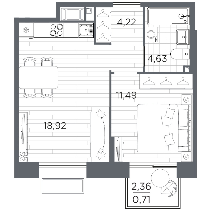 2-комнатная (Евро) квартира, 39.97 м² в ЖК "Respect" - планировка, фото №1